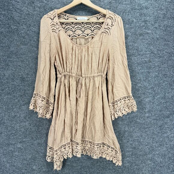 Blu Pepper Dress Women L Large Beige Geometric Crochet Sheath Midi Elastic Waist - Picture 1 of 7